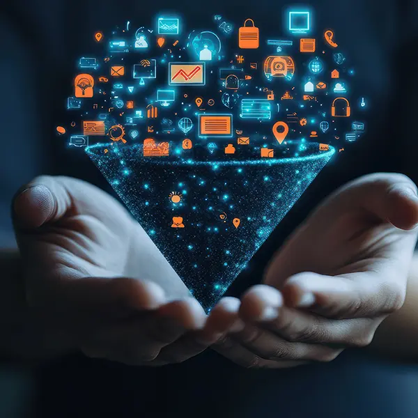 Online Marketing. Digital icons swirling above and through the sales funnel.